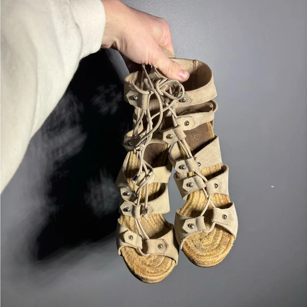 GUCCI Jasmine Beige Suede Lace Up Espadrille Heeled Sandals Size 39.5 - Picture 6 of 10